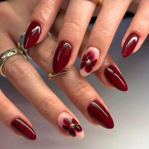 24pcs women's nail set burgundy almond shape medium length solid color with floral golden dust design fake nails